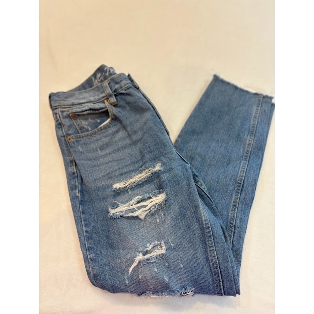 We the Free Women's Sz 27 Button Fly Distressed High Rise Jeans Light, Straight